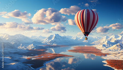Flying hot air balloon over snowy mountain range, an adventure generated by AI