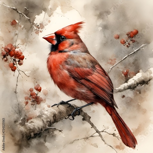 male cardinal on white angel crabapple red berries watercolor style illustration pastel