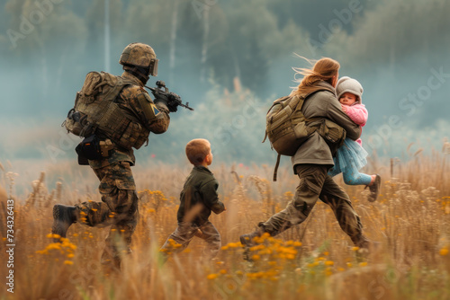 Military rescue of hostages, a woman with a child in her arms and a little boy are running accompanied by a military man with a weapon across the field, scenes of war, civil defense day