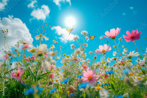 Wild flowers and butterflies on a meadow in nature in the rays of sunlight in summer or spring. Scenic summer art background with soft focus, low angle