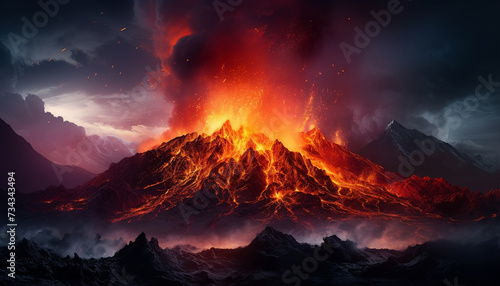 Mountain peak erupting, fiery sky, nature destructive beauty generated by AI
