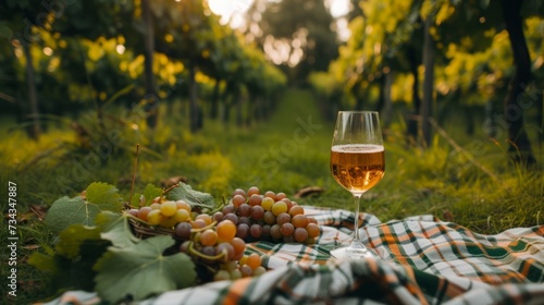 Wine glass on a vineyard picnic blanket, generative ai