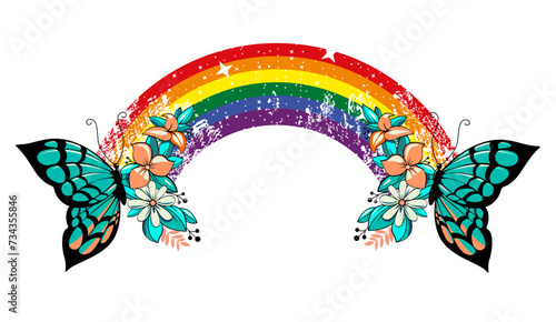 T-shirt design of two butterflies joined by a rainbow on a white background. Gay pride.