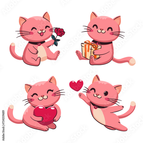 Urocze różowe kotki z sercem, różą i prezentem na walentynki. Elementy do zastosowania na kartkach, plakatach, życzeniach, tagach i innych
