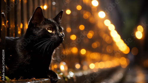 Un chat noir, perché sur un mur de briques, observe la rue animée en dessous, ses yeux brillants reflétant la lueur des lampadaires.