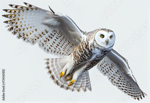 Owl in flight isolated on transparent background. Snowy owl, Bubo scandiacus, flies with spread wings. Hunting arctic owl. Beautiful white polar bird with yellow eyes. Winter in wild. Generative AI