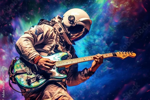 Side view of an astronaut enjoying rock and roll in a vibrant and trippy background. Generative AI