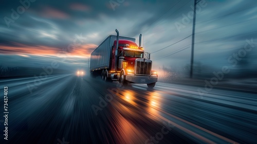 Truck Transportation logistics commercial prowess displayed by a blue semi-truck against a dynamic sky, highlighting rapid delivery, durable transport, and seamless truck transportation logistics