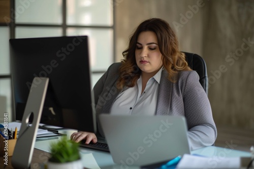 Overweight woman office employee sitting at the desk next to computer healthy in office job concept = Generative ai