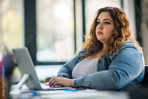 Overweight woman office employee sitting at the desk next to computer healthy in office job concept = Generative ai