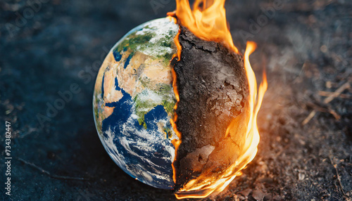 Half-burnt Earth symbolizing global warming crisis, depicting environmental devastation and urgency for action