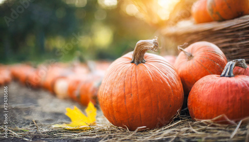 pumpkins at market, symbolizing autumn harvest. Copy space for seasonal advertising