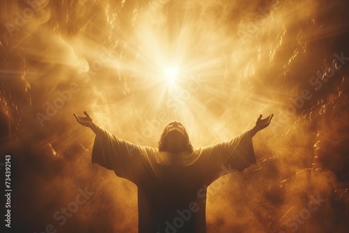 Jesus christ in a divine light With open arms welcoming all. spiritual and uplifting scene of faith and hope