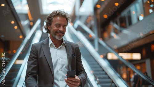 A businessman going down the escalator and using a smartphone