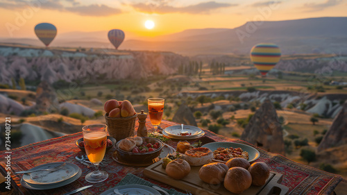 Turkish breakfast at turkey cappadocia landscape with hot airs