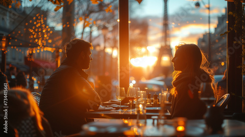  a couple of men and woman having dinner at sunset in Paris France with Eiffel tower on the background, romantic dinner 