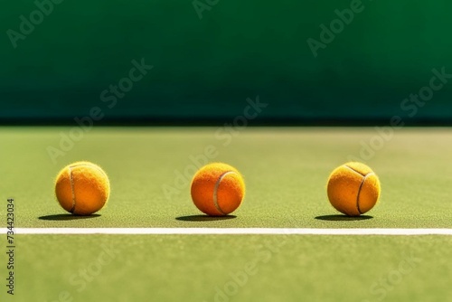 Three tennis balls on the court line or sideline with copy space. Generative AI