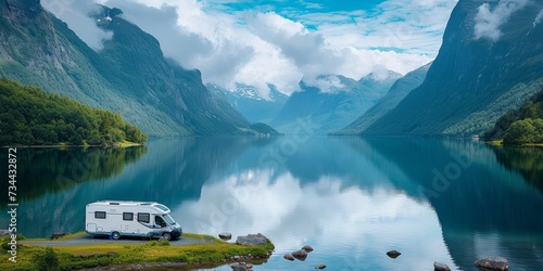 Amidst the serene glacial lake and towering mountains, a solitary rv sits perched on a rocky outcrop, its reflection mirroring the endless sky above
