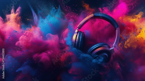 World music day banner with headset headphones on abstract colorful dust background. Music day event and musical instruments colorful design