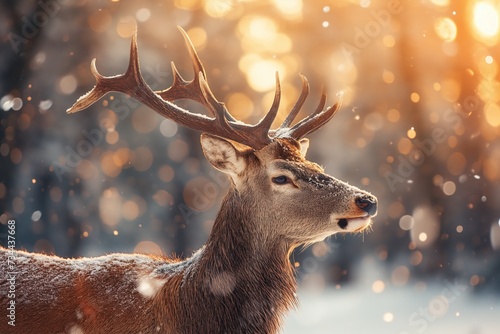 Noble deer male in winter snow forest. Artistic winter landscape