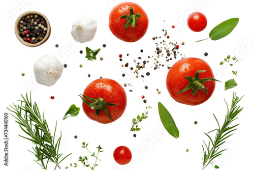 fresh tomato, herbs and spices isolated on transparent and white background.PNG image