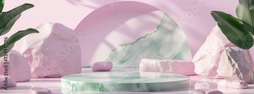 Pastel background rock arch product podium for green beauty cosmetic. Presentation arch platform product object presentation stage to some mockup composition stone platform