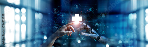 Medical Ai, Hands of robot and human touching on medical data network connection, AI robot for diagnosis increasing accuracy patient treatment in future. technology to improve patient health.