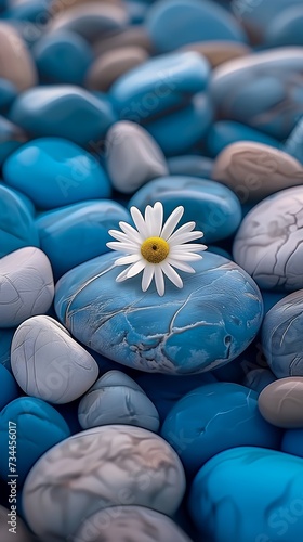 white flower sitting top blue stone pebbles symbolic city color duotone wow sad daisies round rocks strong