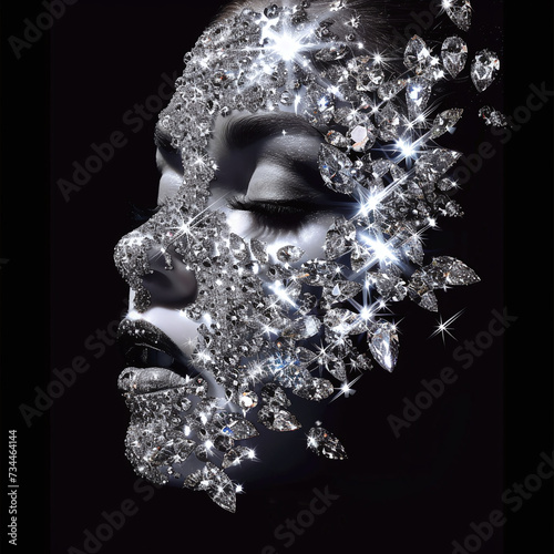 The woman's face is covered with diamonds