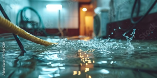 Clearing flood in electric room or basement, deep water on floor, mop in water with blurred large cable. Water damage from rain, melting snow, or burst pipe. Selective, Generative AI 