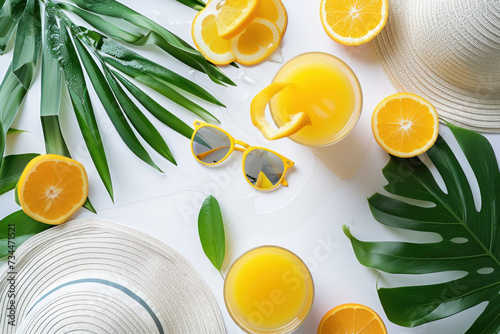 Top view flat lay Summer holiday vacation concept, sunglasses, hat, orange juice glass, tropical and palm leaves, on white background