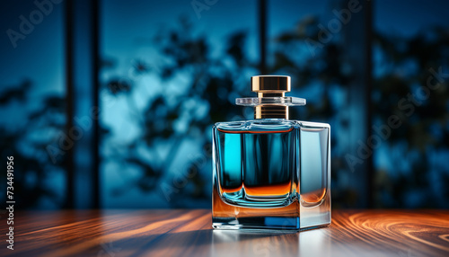 Luxury perfume bottle on wooden table, elegance in a bottle generated by AI