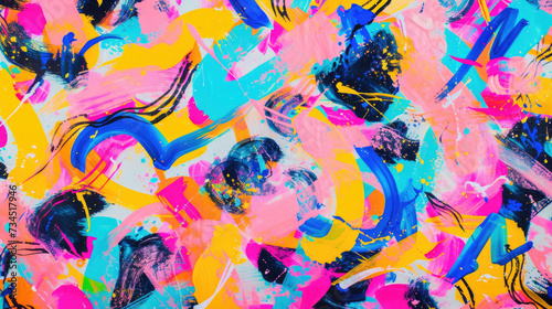 An energetic abstract expressionist painting, bursting with bright summer hues of pink, blue, and yellow with bold brushstrokes. 