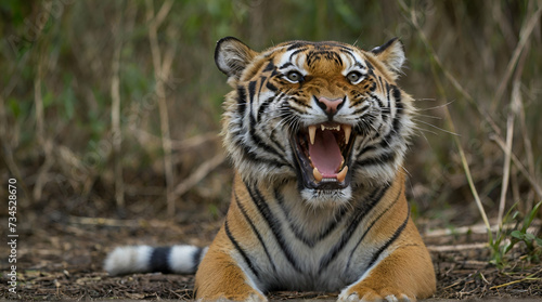 Portrait of female yawns Sumatran Tiger, Panthera tigris Sumatrae.Generative AI 