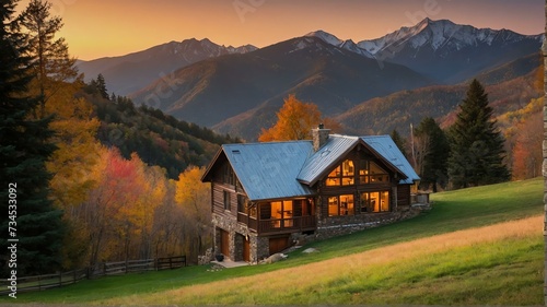 Peaceful and tranquil autumn photo of a house in the mountains at sunset from Generative AI