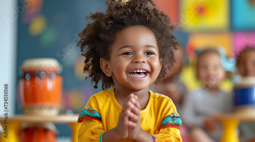 Cute black toddler boy clapping while listening to music in a day care classroom.