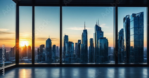Empty office in Business centr with many glass windows in sunset with panoramic skyline city arhitecture. business background with skyscrapers, business office buildings. banner