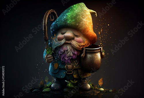 St Patrick Gnome Holding Pot Of Gold , Watercolor Style, Generative AI
