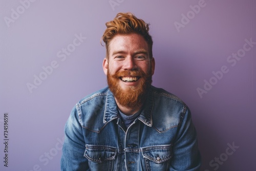 Portrait of a red-bearded hipster man on a purple background
