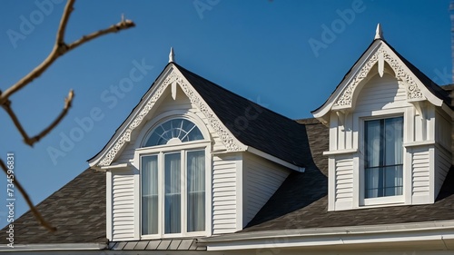 Three dormer windows on white house, with bright blue sky in background from Generative AI
