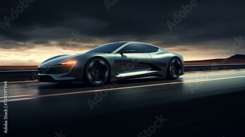 Rapid Motion: Black Supercar Blurs Past Autobahn, Accelerating with Intense Speed