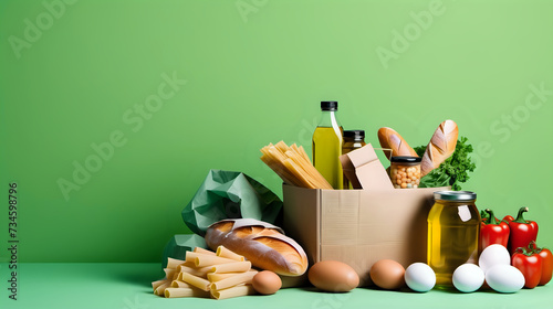 Food donation on green background with text space, caned food, eggs, fresh vegetable, pasta, oil, Food bank concept