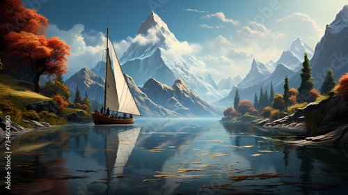 A serene turquoise blue lake reflecting the grandeur of the mountains, with a lone sailboat gliding gently on its glassy surface