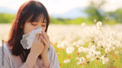 花粉症のイメージ、鼻をかむ日本人女性と自然風景