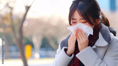 花粉症のイメージ、ティッシュで鼻をかむ日本人女性