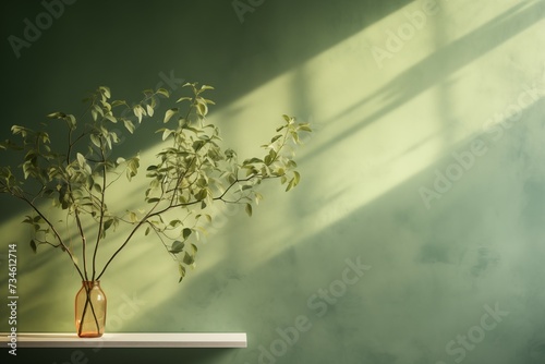 Green branch tree with shadow on green wall background with copy space