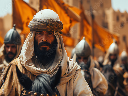 islamic knights emerge from the desert their leader. A muslim warrior. A Islamic warrior in the horse. Ai