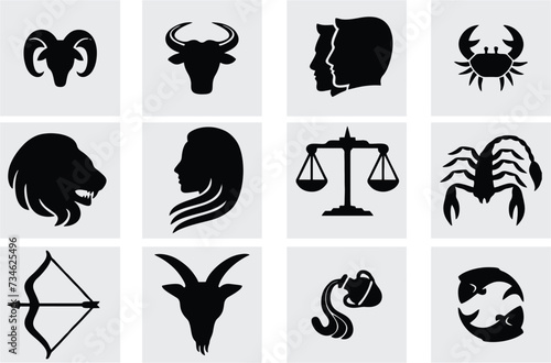 Zodiac signs set in editable vector. Horoscope or astrology symbols collection. Future telling, prophecy symbol. Poster, banner or advertisement on media and web. eps 10 