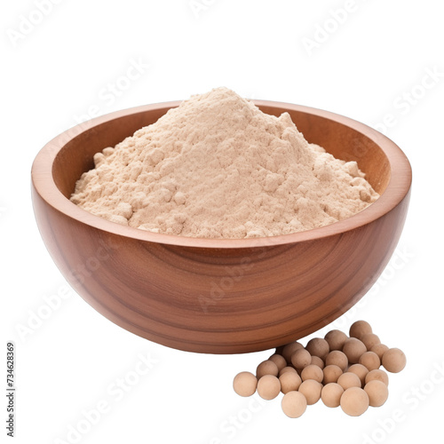 pile of finely dry organic fresh raw chickpea protein powder in wooden bowl png isolated on white background. bright colored of herbal, spice or seasoning recipes clipping path. selective focus