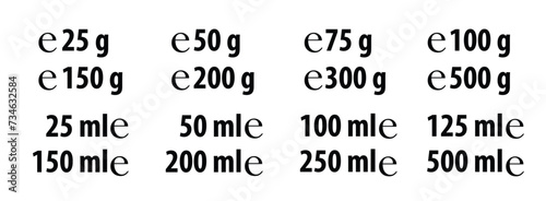 Estimated e sign (e-mark) with correct dimensions as per EU Directive 71/316. Versions with commonly used weights and volumes for food and cosmetics label. 